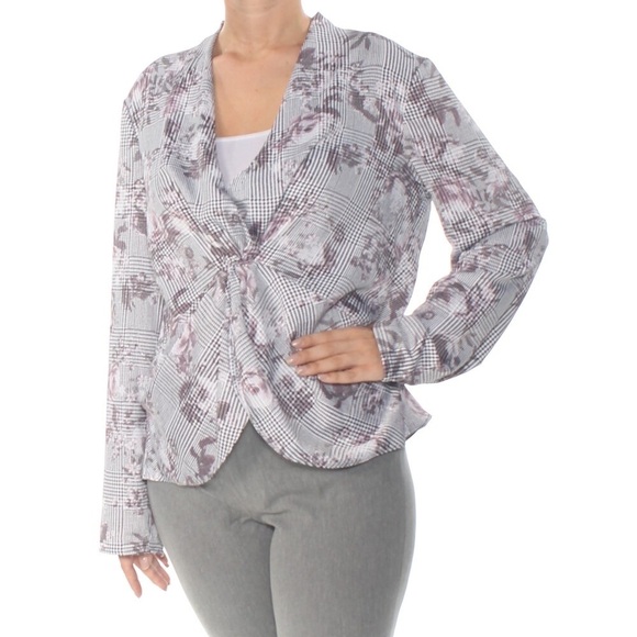 Rachel Roy Gray Plaid Houndstooth Floral Long Sleeve Twist Top - Picture 1 of 7